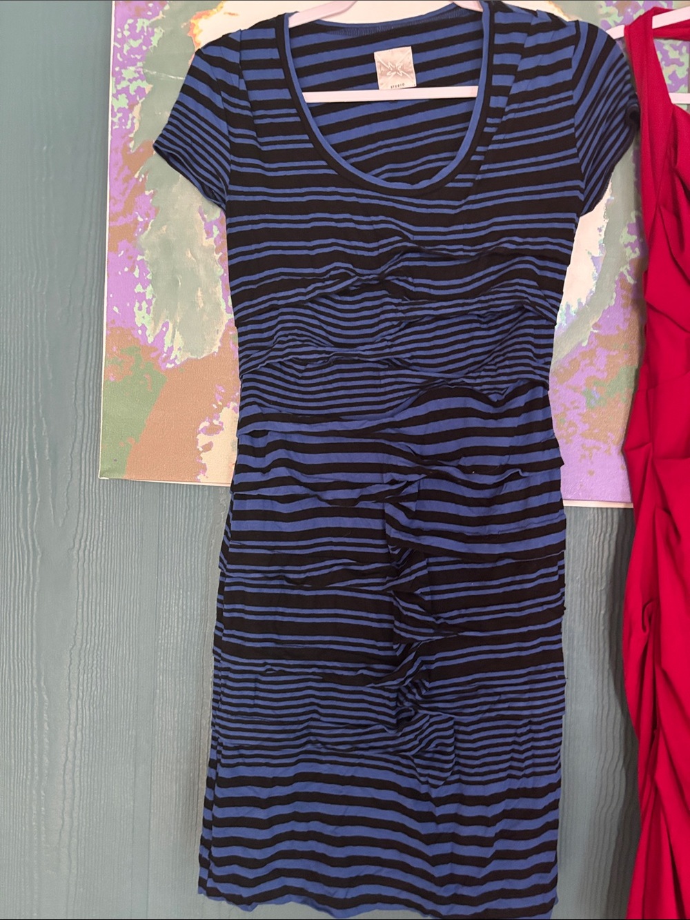 Nicole Miller Blue and Black Striped Scoop-Neck shredded Midi Dress